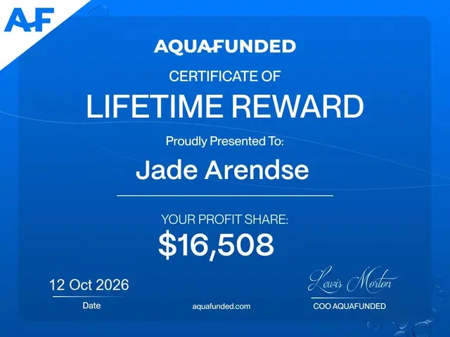 AquaFunded payout certificate for $16,508, Lifetime reward · 12 Oct 2026