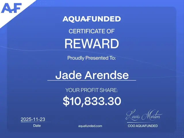 AquaFunded payout certificate for $10,833.30, 23 Nov 2025
