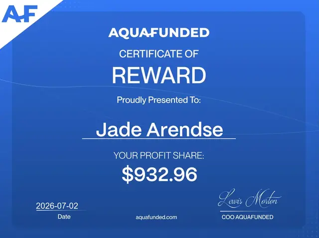 AquaFunded payout certificate for $932.96, 2 Jul 2026