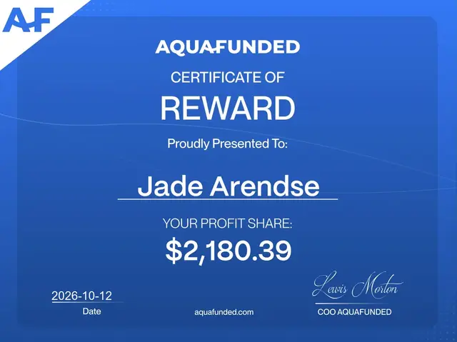 AquaFunded payout certificate for $2,180.39, 12 Oct 2026