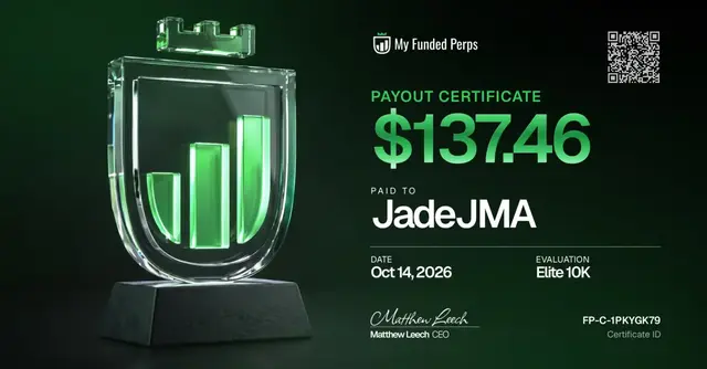 MyFundedPerps payout certificate for $137.46, 14 Oct 2026